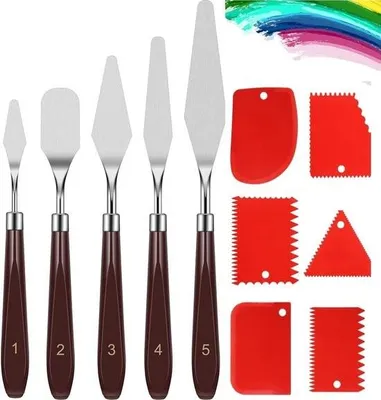 Produktbild von 11-teiliges Set Spachtel für Acrylmalerei, Palettenmesser für Strukturpaste, 5 Malmesser mit 6-zahnigen Spachteln, Palettenmesser aus Edelstahl für