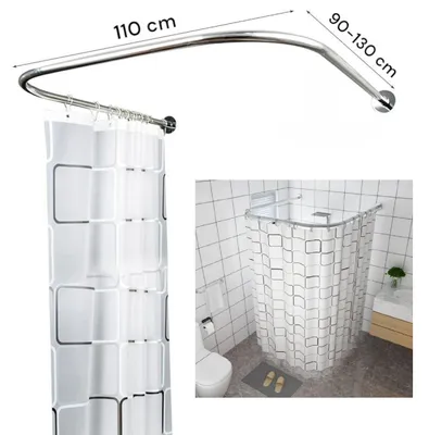 A collage showing a U-shaped shower curtain rod and a shower curtain in use in a bathroom.