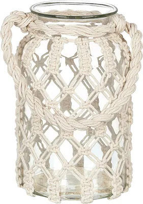 Produktbild von BELIANI Laterne Cremeweiß Glas und Baumwolle Makramee 31 cm mit Henkel Griff Deko Wohnzimmer Schlafzimmer Wohnaccessoires Dekoartikel Tischdekoration