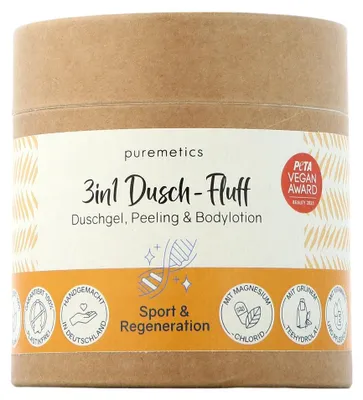 Zdjęcie produktu dla puremetics 3 w 1 Dusch-Fluff Sport Regeneration – żel pod prysznic, balsam do ciała i peeling w jednym (250 g)