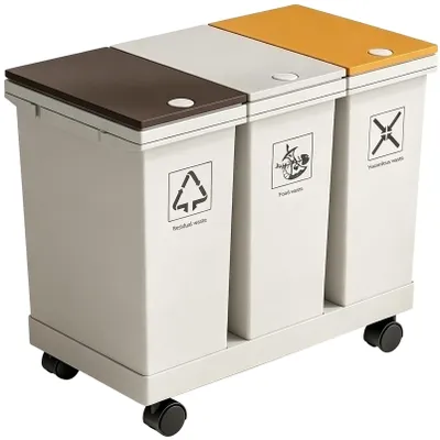 Imagen del producto de Sistema de clasificación de residuos de 3 compartimentos, con capacidad para 3 x 12 litros, con tapa y ruedas, ideal para la cocina