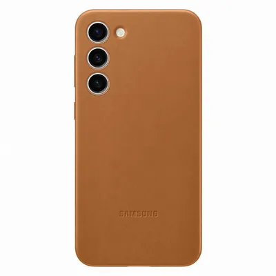 A brown leather phone case for a Samsung Galaxy S23+ is shown against a white background.