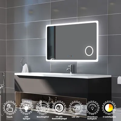 Produktbild von LED Badezimmer Spiegel mit Uhr 3-fache Vergrößerung Beschlagfrei Badspiegel mit Speicherfunktion Warm/Neutral/Kaltweiß Dimmbar CE IP44 80x60cm