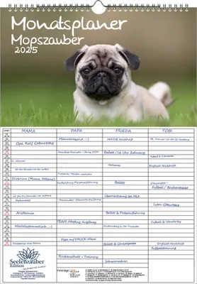 Produktbild von Mopszauber Planer Wandplaner Familienplaner 4 Spaltenplaner DIN A3 Kalender für 2025 Mops Hunde und Welpen - Seelenzauber