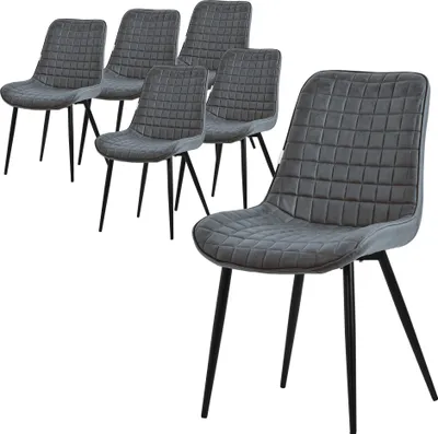 A set of six dining chairs arranged in a group, with one chair prominently in the foreground.