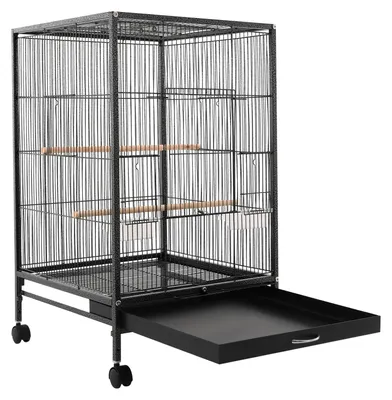 Image de Cage à oiseaux - Grande cage à oiseaux - 46 x 46 x 94 cm - 4 roulettes, dont 2 avec frein - Bac de récupération amovible - Fer - Espacement des barreaux : 1 cm - Noir