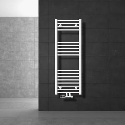 Produktbild von LuxeBath Badheizkörper Mittelanschluss 400 x 1200 mm Weiß gerade mit Thermostat und Anschlussgarnitur Eck Wand Weiß - Heizkörper, ohne Heizstab