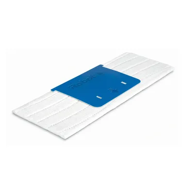 A white cleaning cloth with a blue plastic attachment, on a white background.