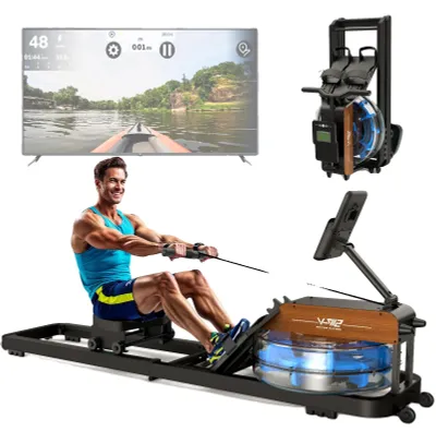 Obrázek produktu pro Vodní veslařský trenažér, skládací konstrukce, nastavitelný odpor, maximální nosnost 160 kg, integrovaný LCD displej, držák na tablet