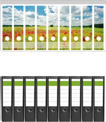 Produktbild von Wallario 9 Stück breite Ordner inkl. Klebeetiketten mit Motive Grüne Wiese mit Mohnblumen -  Set mit Rückenschildern / Ordnerrücken Stickern