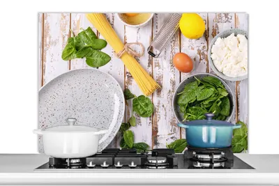 Obrázok produktu pre MuchoWow® Splashback Kuchyňa - Kuchynský backsplash - Ochrana steny pre sporák a drez Cestoviny - bylinky - vajce - citrón - kuchyňa 100x65cm