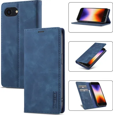 Immagine prodotto di Custodia in pelle per iPhone 16e, con funzione stand e porta carte, design a portafoglio blu