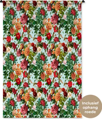 Produktbild von MuchoWow® Wandteppich Wandbehang Blumen - Rot - Muster 120x180 cm Tapisserie Dekoration Wandtuch - Schlafzimmer - Dekorationen für das Haus