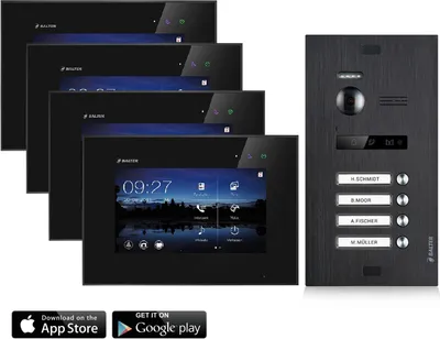 Produktbild von Video Türsprechanlage mit Smartphone App für 4 Familienhaus, Schwarz, 4x Monitore, Balter EVO WLAN Schwarz