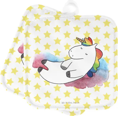 Produktbild von Mr. & Mrs. Panda Topfuntersetzer Einhorn Wolke 7 - Weiß - Geschenk, Kochlappen, Einhörner, Unicorn, Topflappen, topfhalter, Menschen, Topflappenset, Set, Glaube