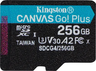 A close-up image of a Kingston Canvas Go! Plus microSD card.