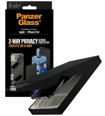 Produktbild von PanzerGlass ® 2-Way Privacy Displayschutz iPhone Air | Ultra-Wide Fit m. Fastfit in-a-box, Apple, Apple - iPhone Air, Trockene Anwendung, Kratzresistent, Schockresistent, Transparent, 1 Stück(e)