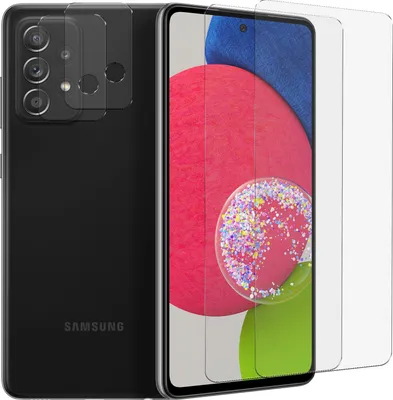 A black Samsung smartphone with screen protectors on the camera lens and screen.