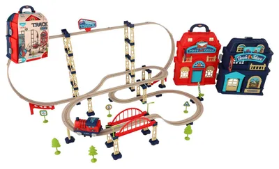 Produktbild von Elektrische Eisenbahn mit 120 Teilen, batteriebetrieben, in einer Kofferbox mit den Maßen 22x27x15 cm