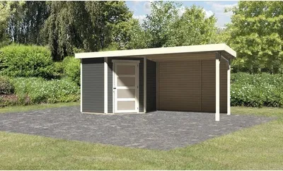 Produktbild von Gartenhaus Karibu Anvik 3 inkl. Anbaudach 2,8 m, Rückwand 504,5 x 238 cm terragrau
