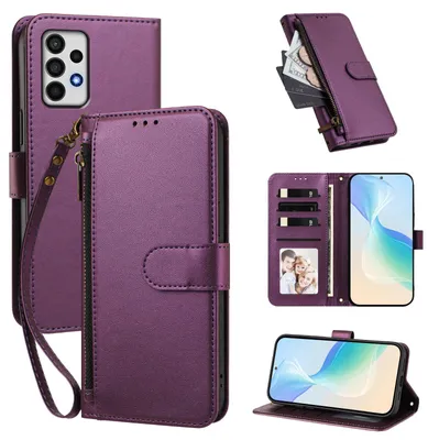 Image de Étui portefeuille pour Samsung Galaxy A52 / A52s 5G, en cuir PU, avec compartiments pour cartes, support et dragonne. Couleur : violet