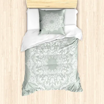 Produktbild von ABAKUHAUS Orient Mantele, Damast-Blumenmotive, Milbensicher Allergiker geeignet mit Kissenbezügen, 135 cm x 200 cm - 80 x 80 cm, Grün Weiß