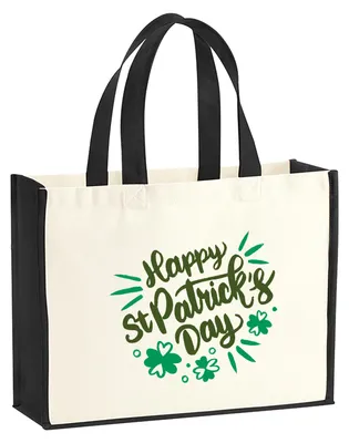 Produktbild von Huuraa Jutetasche St. Patrick’s Day Kleeblatt 21 Liter Black Jute und Baumwolle Einkaufstasche Geschenkidee
