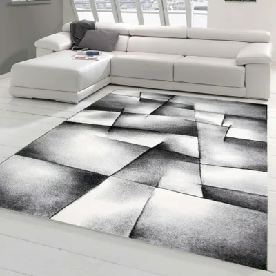 Image de Tapis design Moquette moderne Tapis de salon Tapis à poils courts Motif à carreaux Gris Noir Blanc Taille - 80 x 300 cm