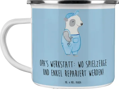 Produktbild von Mr. & Mrs. Panda Teetasse Großeltern Werkstatt - Blau Pastell - Geschenk, Reparatur, Teebecher, Enkelkinder, Weisheit, Familie, Emaille Becher, Motivtasse, Tasse, Pott