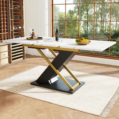 Image de Table extensible, dimensions 120-160 x 80 cm, plateau en MDF imitation marbre, pieds croisés