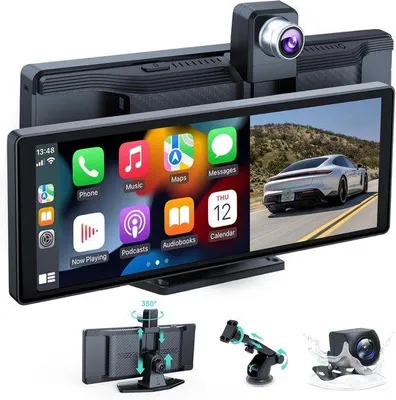 Image de Autoradio portable avec écran de 10,26 pouces, compatible CarPlay, caméra embarquée 4K, 1080p, affichage sans fil pour voiture avec Mirror Link/AUX/carte TF 128 Go
