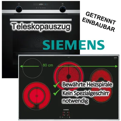 Produktbild von Herdset Siemens Backofen 3DHeißluft Hydrolyse Teleskopauszug+ Elektrokochfeld 80cm Zweikreiszone