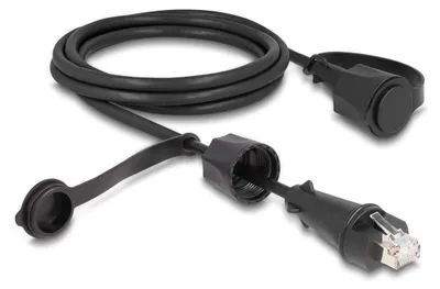 Produktbild von DeLOCK Netzwerkkabel RJ45 Stecker zu RJ45 Stecker Cat.6 STP mit Verschlusskappe Outdoor IP68 staub- und wasserdicht schwarz 2 m, 2 m, Cat6, S/UTP (STP), RJ-45, RJ-45, Schwarz