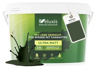Produktbild von Wandfarbe Grün Dunkelgrün Braun Matt Innenfarbe – Deckkraft Klasse 1, VOC-frei, Ohne Grundierung, Tropfarm – Wohnzimmer & Schlafzimmer – 2,5L – Veluxis (Zippy Zucchini)