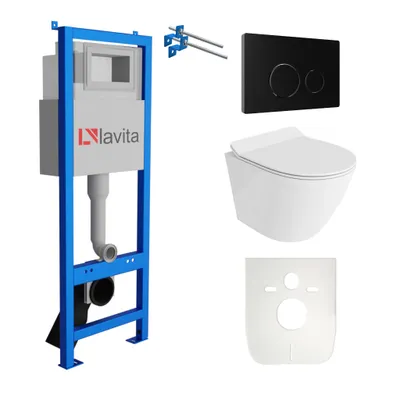 Produktbild von Lavita LAV 101 Vorwandelement für WC 40cm + Wand Hänge Tiefspül WC SOGO SLIM Weiß Spülrandlos + Bedienplatte LAV 200.4.4 Schwarz | Komplettset | Unterputz Spülkasten | Toilette Komplett Sett