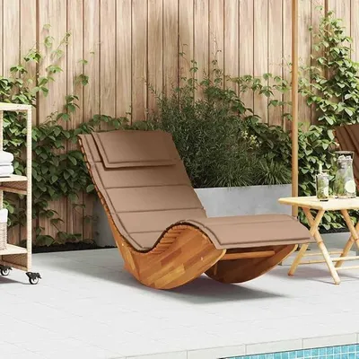 Productafbeelding van Schommelstoel van massief acaciahout met kussen en hoofdkussen, ergonomische tuinligstoel voor terras, zwembad en balkon, belastbaar tot 110 kg, weerbestendig, outdoor relaxstoel