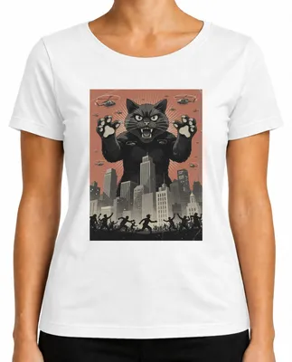 Productafbeelding van Catzilla Kaiju Katze T-shirt voor dames, retro Japan, Y2K stijl, afbeelding van "Meowzilla", wit, maat XL