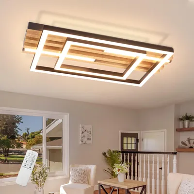 Produktbild von ZMH LED Deckenlamape 34W Holz Deckenleuchte Dimmbar 38CM Schlafzimmer Lampe 2 Ring wohnzimmerlampe Fernbedienung für Schlafzimmer Küche Esszimmer