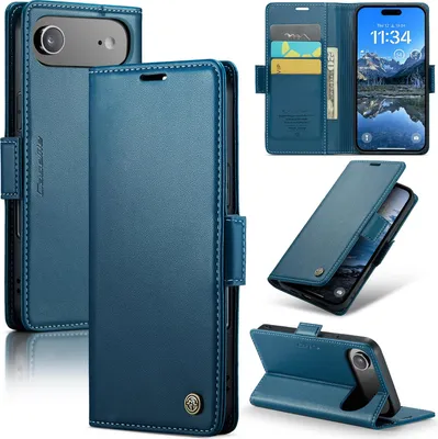 Produktbild von Lederhülle für iPhone Air Brieftasche Kartenfach Schutzhülle mit Standfunktion Blau
