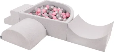 Produktbild von KiddyMoon spielplatz aus schaumstoff mit viertel eckig bällebad (300 bälle) hindernisläufe, hellgrau:perle/grau/transparent/puderrosa