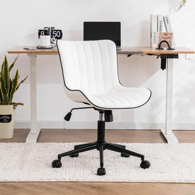 Image de Chaise de bureau ergonomique, réglable en hauteur, avec revêtement en similicuirPolyuréthaneet roulettes, chaise pivotante, fonction d'inclinaison, chaise de bureau, capacité de charge de 136 kg, couleur blanche