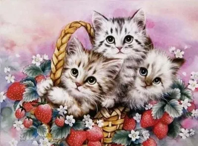 Image de Mosaïque diamant "3 chatons dans un panier", 30x40 cm. Création artistique en diamants