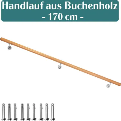 Produktbild von Buche Holz Handlauf Treppengeländer Geländer für Treppe Wandhandlauf Wand seitliche Montage Auswahl Länge 50 - 500 cm, Länge:170 cm
