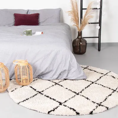 Produktbild von Volero - Teppich Hochflor Rund - Grand Lines Creme Schwarz - Ø 180 cm - Wohnzimmer, Esszimmer, Schlafzimmer - Industrielle, Modern, Skandinavisch