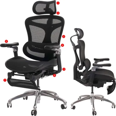 A black ergonomic office chair is shown from two different angles against a white background. The chair has numbered callouts pointing to various features.