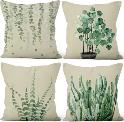 Productafbeelding van Kussenslopen Set van 4, groene planten patroon gooien kussenhoezen inkt schilderij cactus plant zachte korte pluche vierkante kussensloop voor bank
