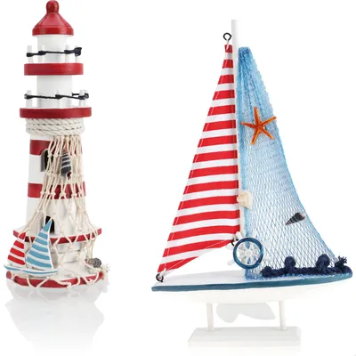 Produktbild von com-four® 2-teiliges maritimes Deko-Set - Dekoratives Holz-Segelschiff 27 cm und Leuchtturm 23 cm für ein maritimes Ambiente in Ihrem Zuhause
