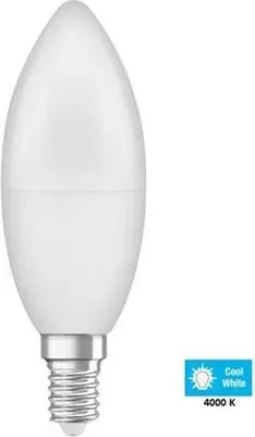 A white LED light bulb with a silver base is shown against a white background. A small blue box with text and an icon is in the bottom right corner.