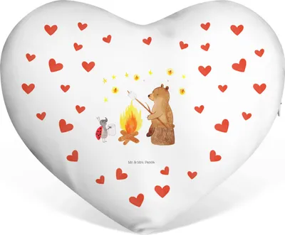 Produktbild von Mr. & Mrs. Panda Dekokissen Bär & Marienkäfer Lagerfeuer - Weiß - Geschenk, Liebeskissen, Kuschelkissen, Teddy, Herz Kissen, Schmusekissen, Sofakissen