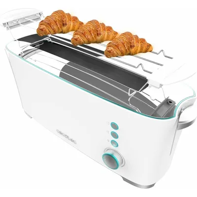 A white toaster with three croissants on top, set against a white background.